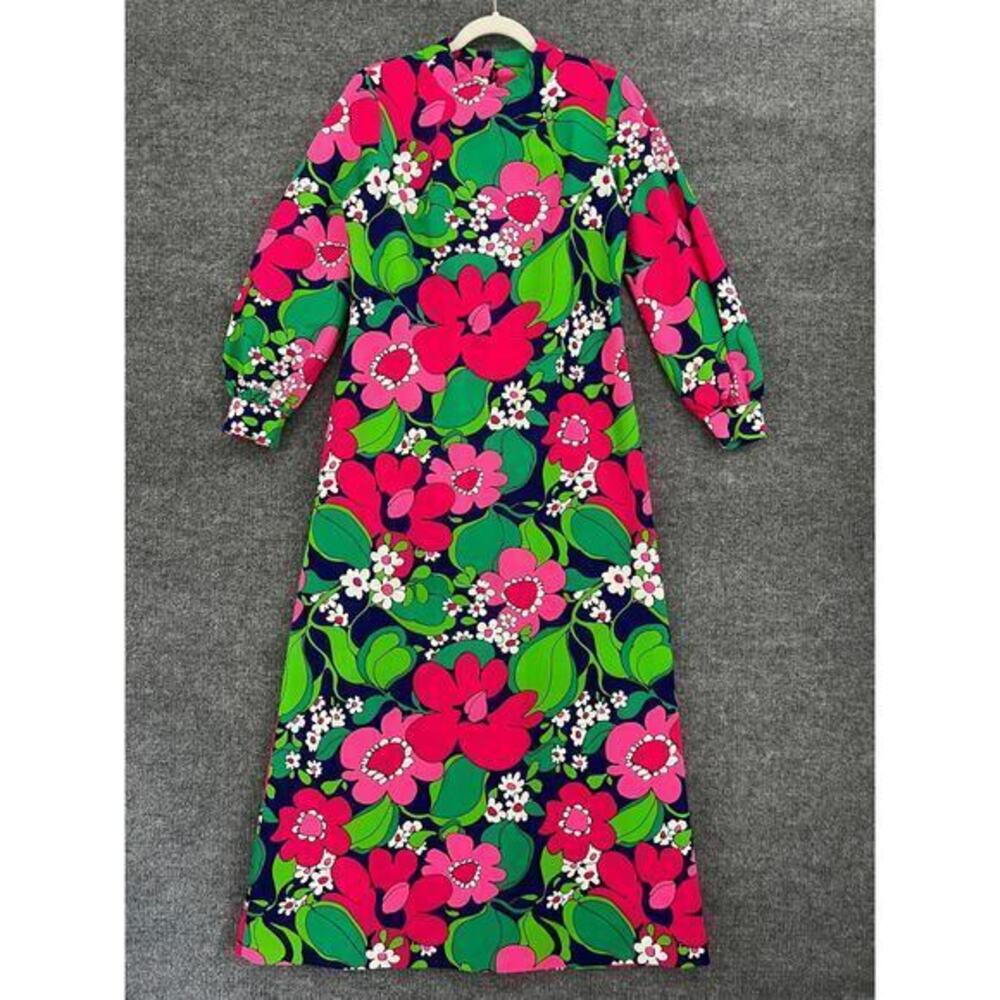 Vintage Polynesian Bazaar Hawaiian Maxi Dress Size 12 Bright Floral Mod 60s 70s